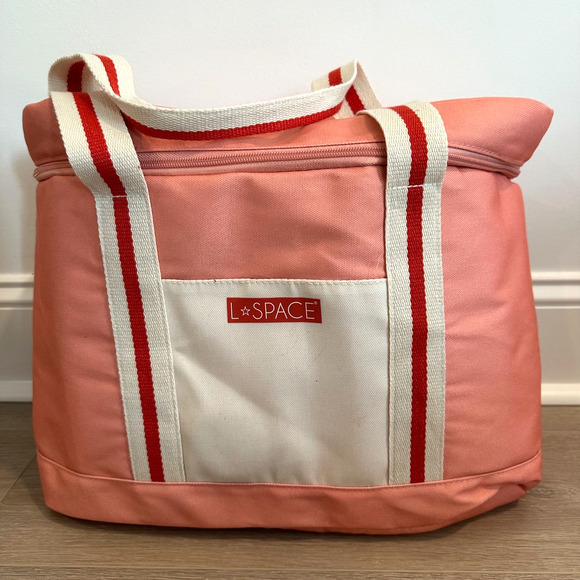 L*Space Coastal Cooler Bag Coral Pink Red Stripe Zip Top Insulated Beach Summer - Picture 1 of 7